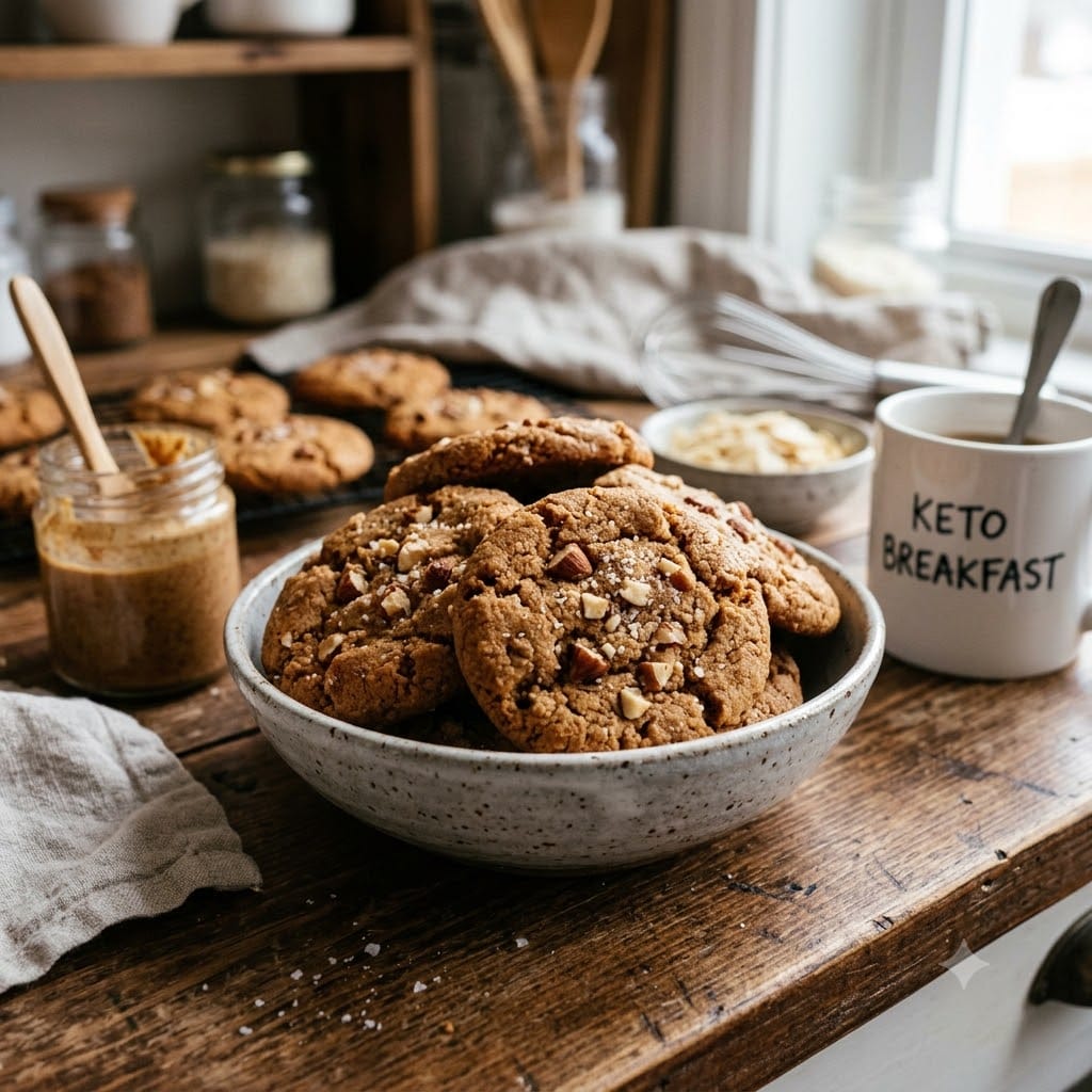 crée moi une image réaliste et appétissante au format 1600 × 1600 px : Biscuits beurre d'amande keto