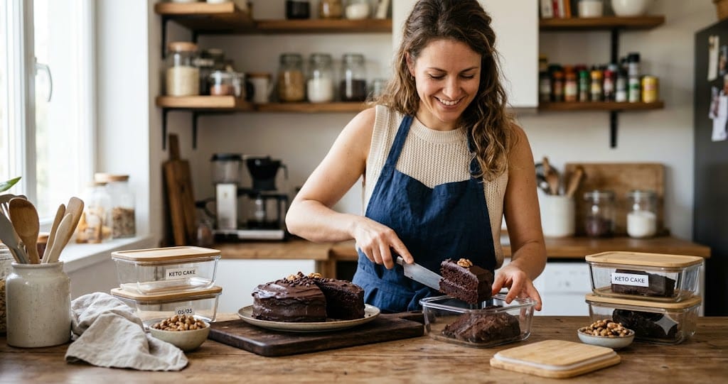 Une femme souriante, portant un tablier bleu, coupe une part de cake chocolat keto sur une planche en bois dans une cuisine lumineuse. Elle s'apprête à conserver la part dans un récipient en verre.