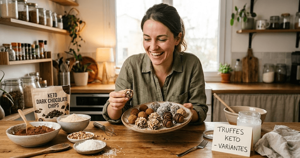 Femme qui présente sur une assiette de truffes keto au chocolat