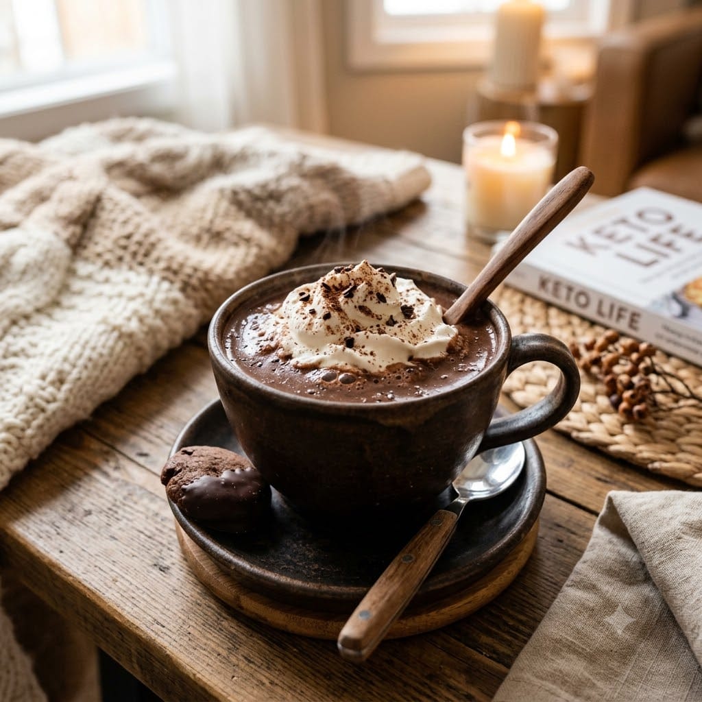 crée moi une image réaliste et appétissante au format 1600 × 1600 px : Chocolat chaud keto