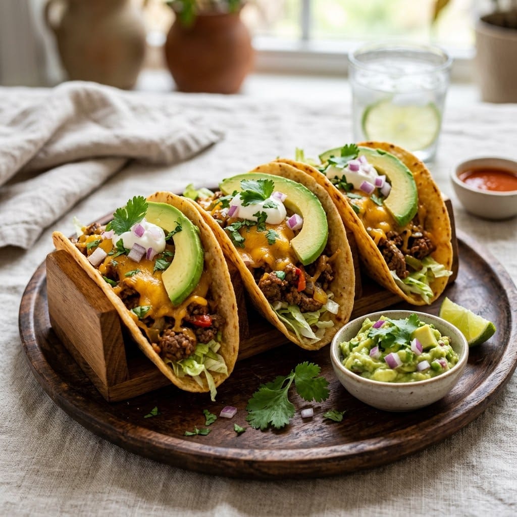 Tacos keto au bœuf, cheddar et avocat